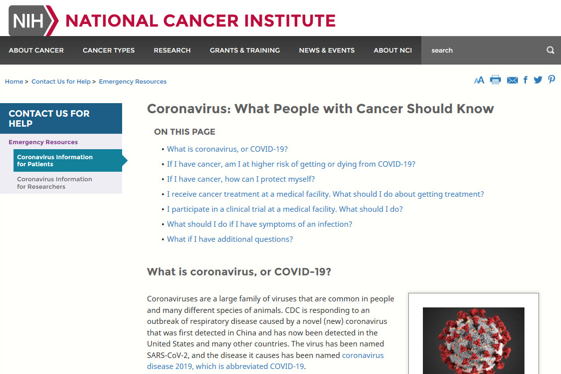 Screenshot of the Coronavirus: What People with Cancer Should Know website