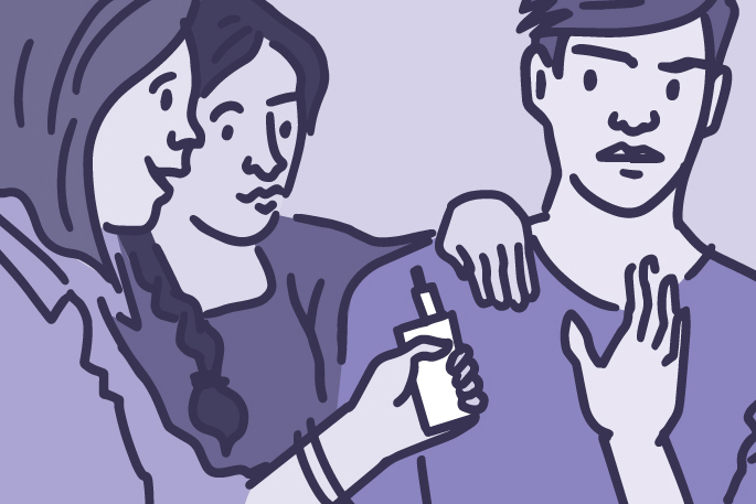 Illustration of a teenager saying no to his friends offering him an electronic cigarette