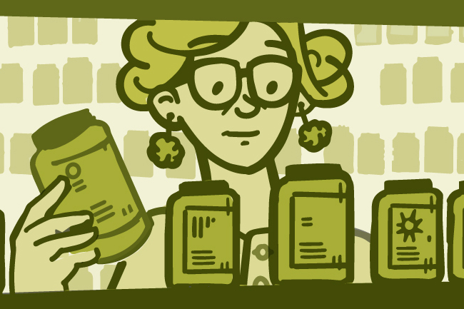 Illustration of a woman looking at supplements in a store