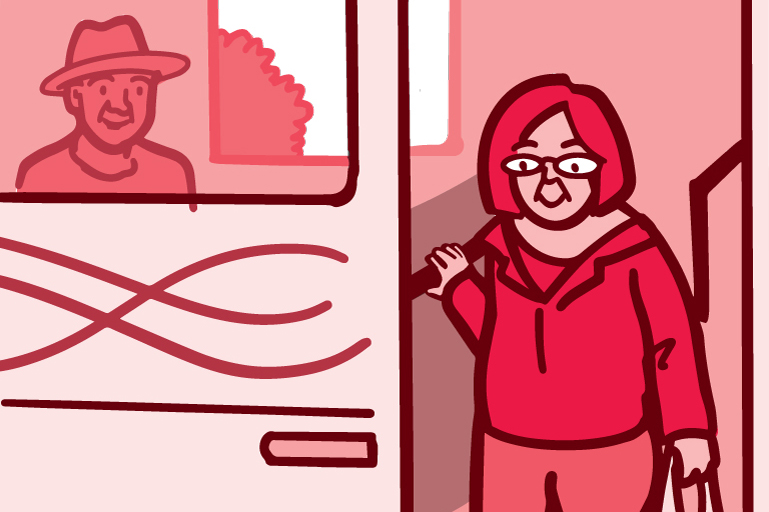 Illustration of an older adult getting off the bus