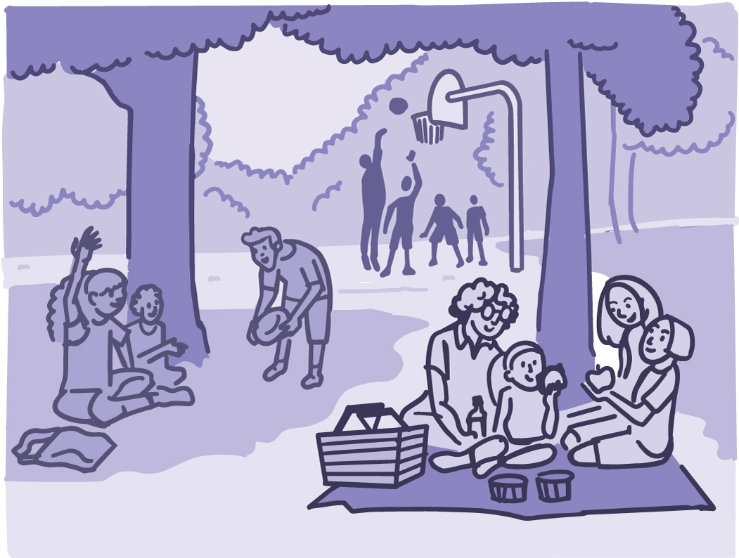 Illustration of families and friends being active together at a park