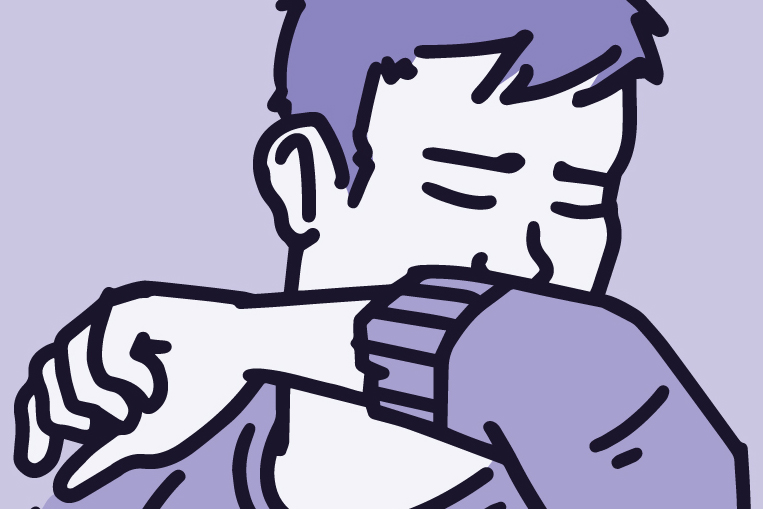 Illustration of a young person coughing into their elbow