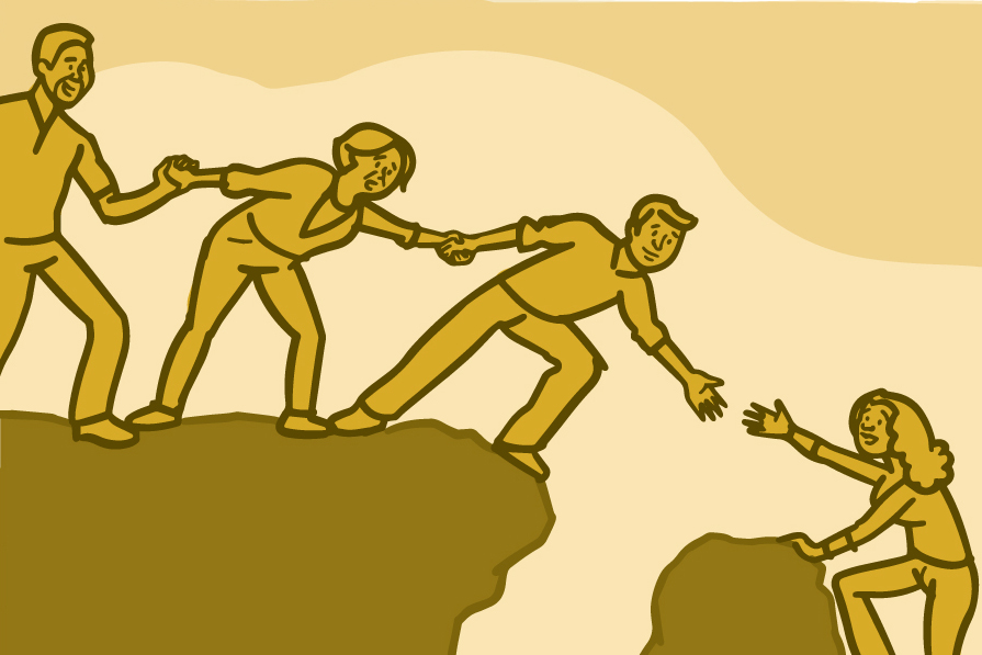 Illustration of a group of people helping a person over a crevice on a mountain