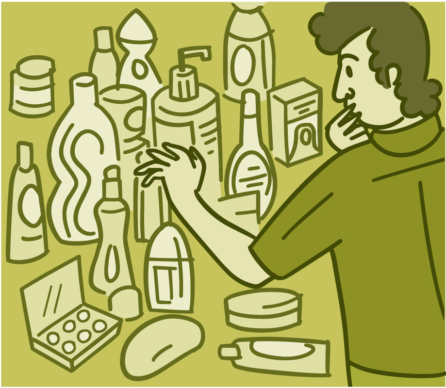 Illustration of a person looking at personal care products