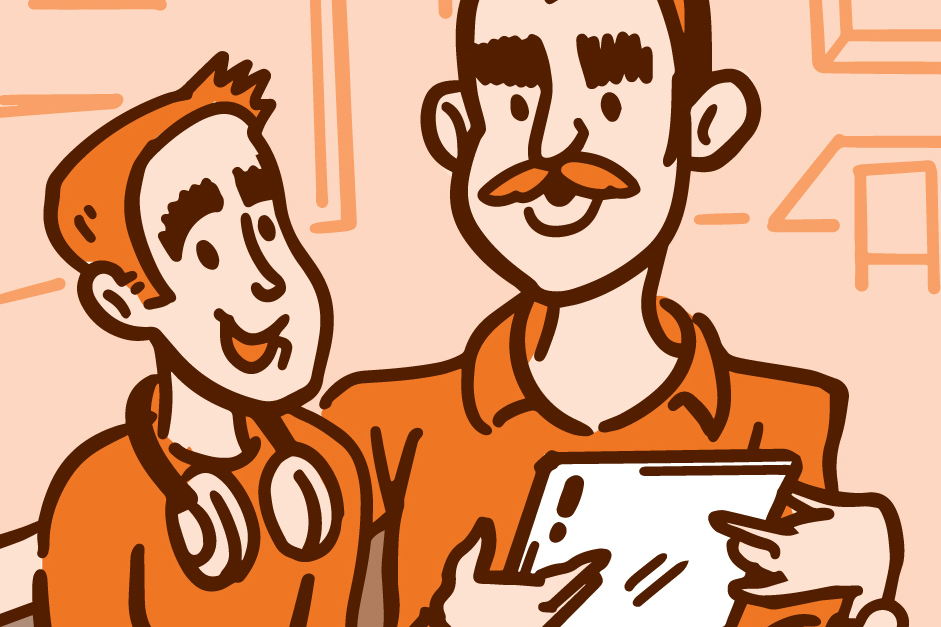 Illustration of a father and son watching a tablet together on the couch