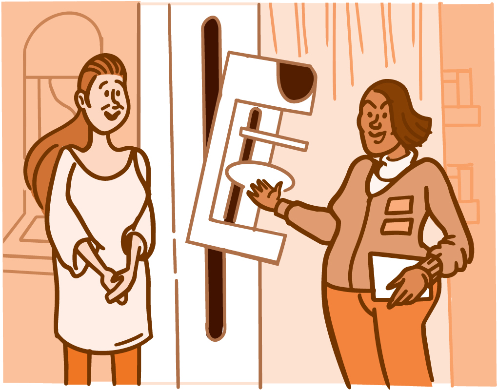 Illustration of a doctor showing a female patient a mammogram machine