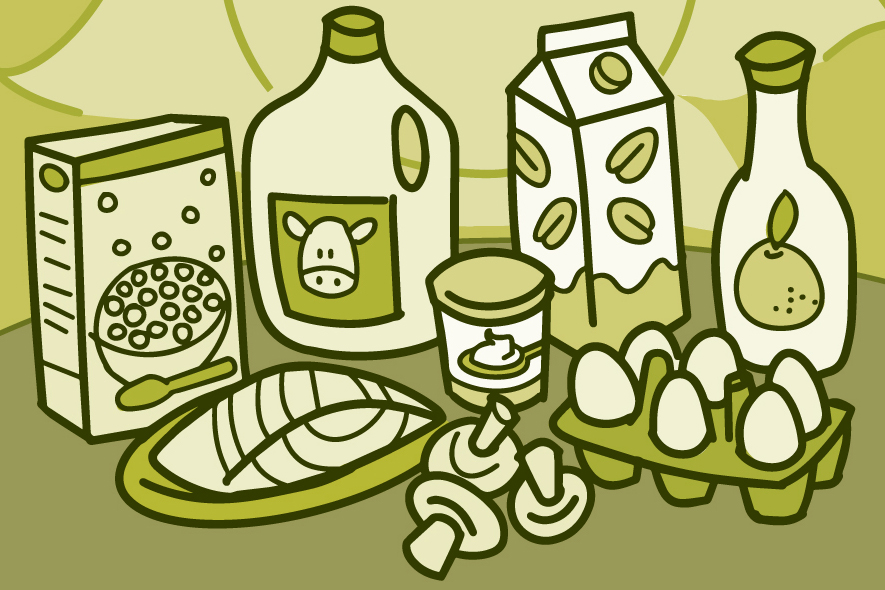 Illustration of the sun shining down on foods with vitamin D, including milks, eggs, cereal, fish, and mushrooms.
