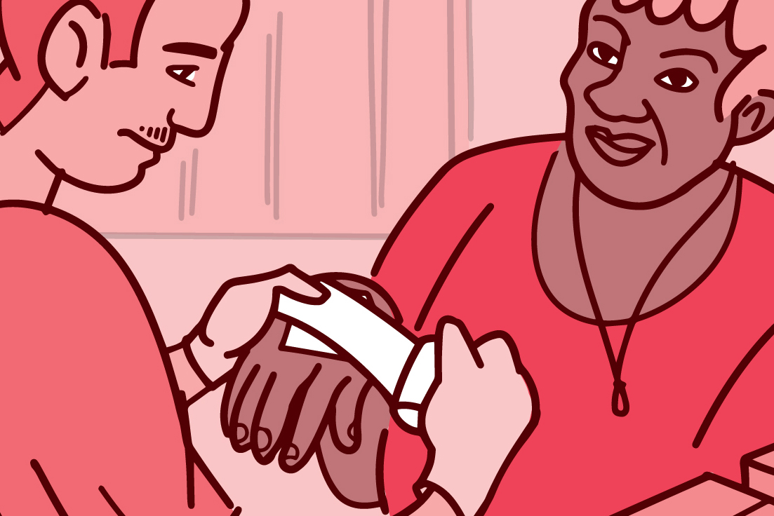 Illustration of a person bandaging a woman’s hand.