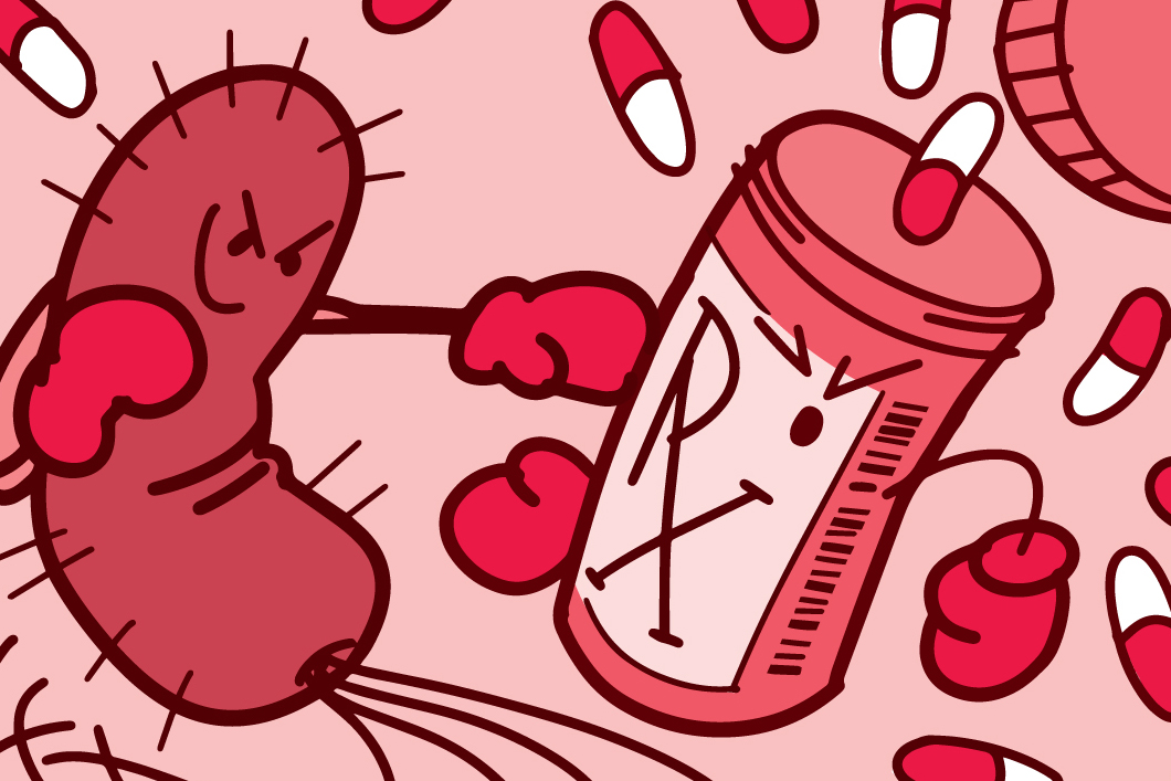 Illustration of a bacterium boxing with a prescription bottle.