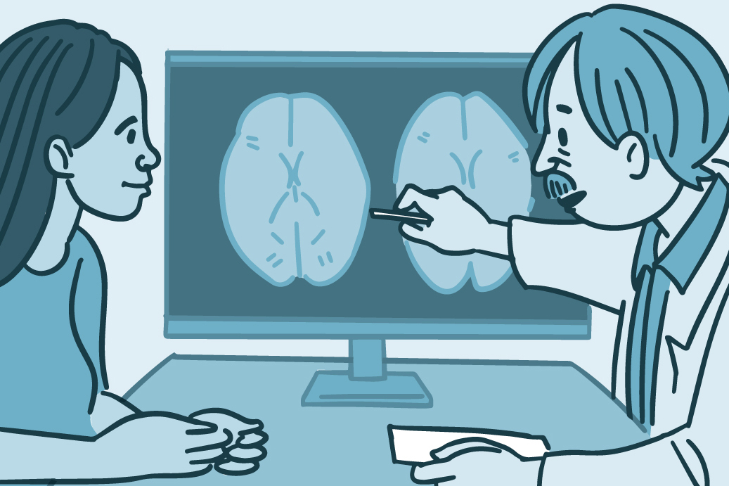 Illustration of a doctor showing a patient an MRI of the brain.