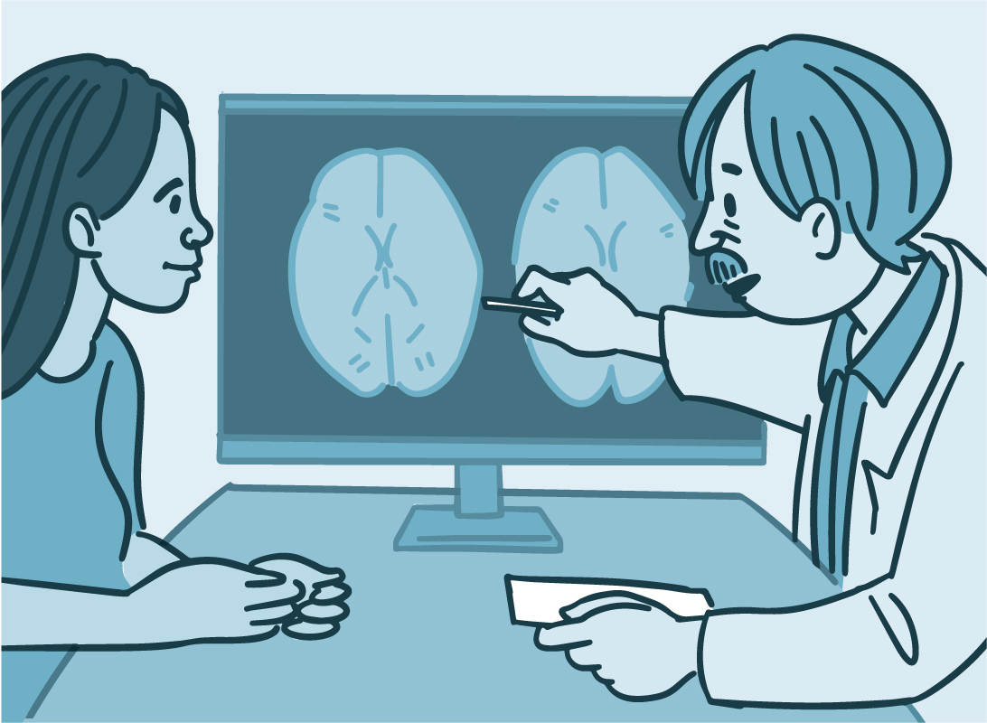 Illustration of a doctor showing a patient an MRI of the brain.