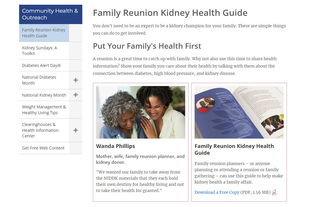 Screenshot of the Family Reunion Kidney Health Guide website.