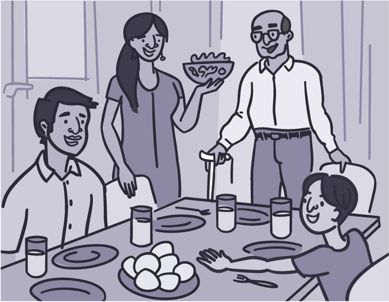 Illustration of a family at the dinner table, with the grandfather holding a cane and the son showing his overextended arm.