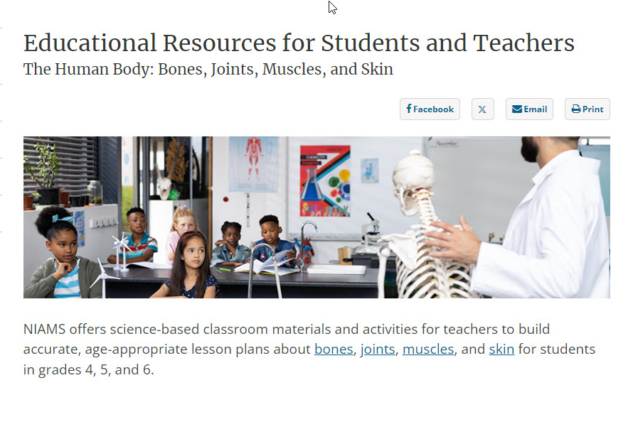 Screenshot of the Bones, Joints, Muscles, and Skin Education Website.