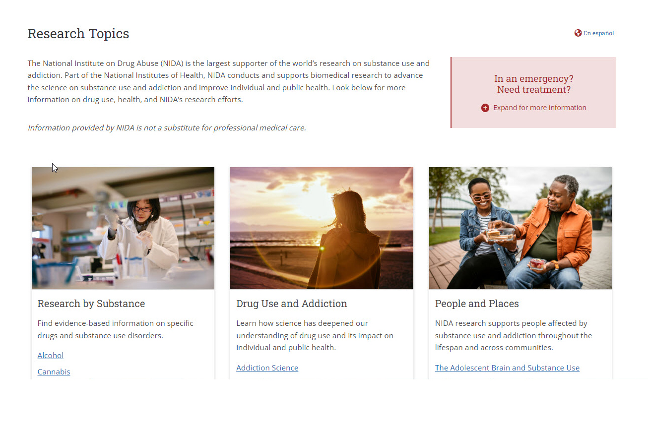 Screenshot of NIDA's Research Topics webpage.