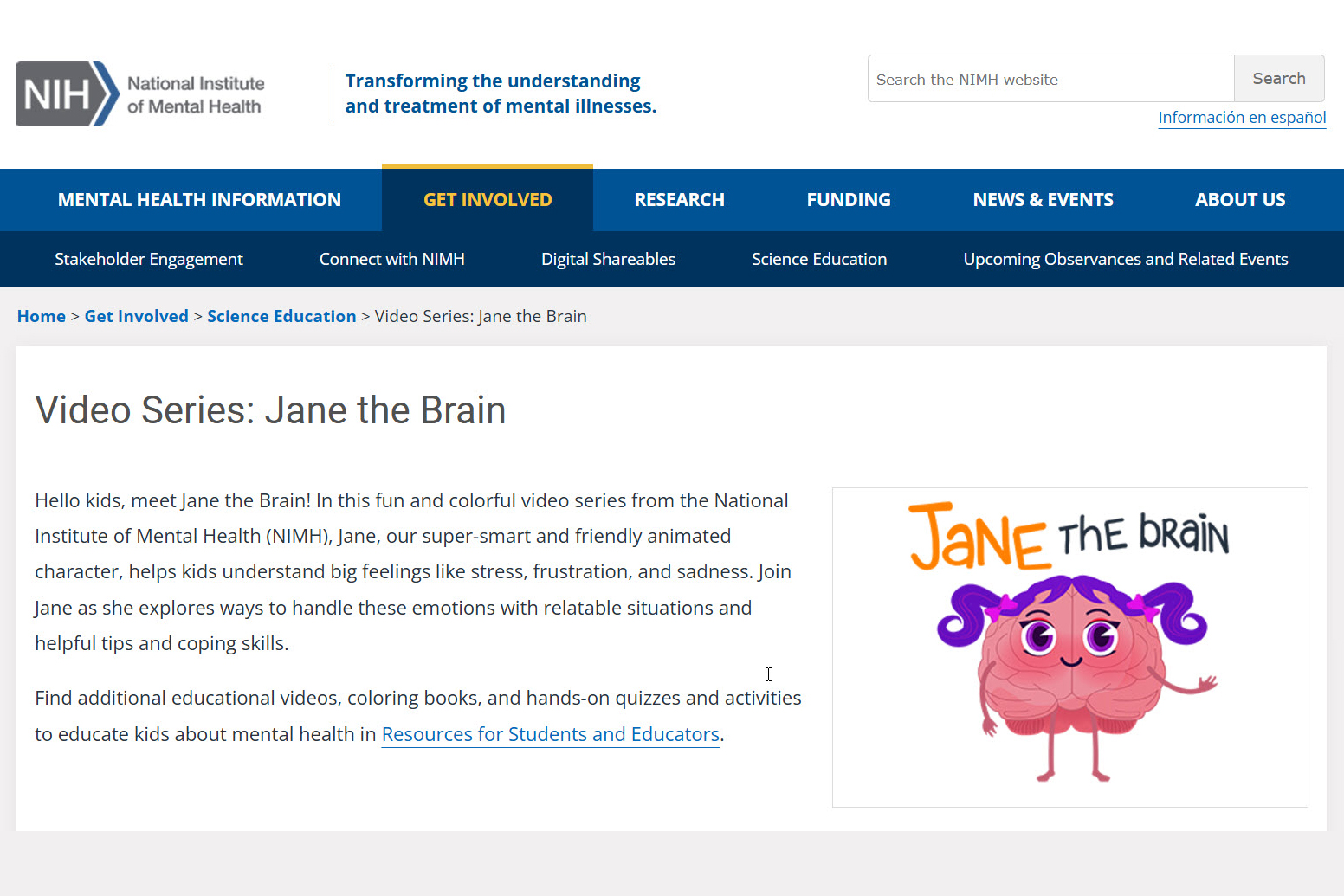 Screenshot of the Jane the Brain website.