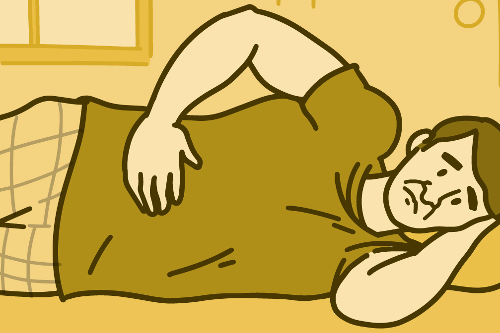 Illustration of a man lying on his side in pain with his hand on his stomach.