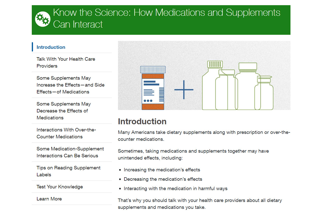 Screenshot of the How Medications and Supplements Interact website.