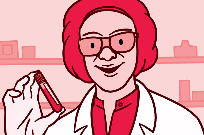 Illustration of a health care professional holding a vial with a blood sample.