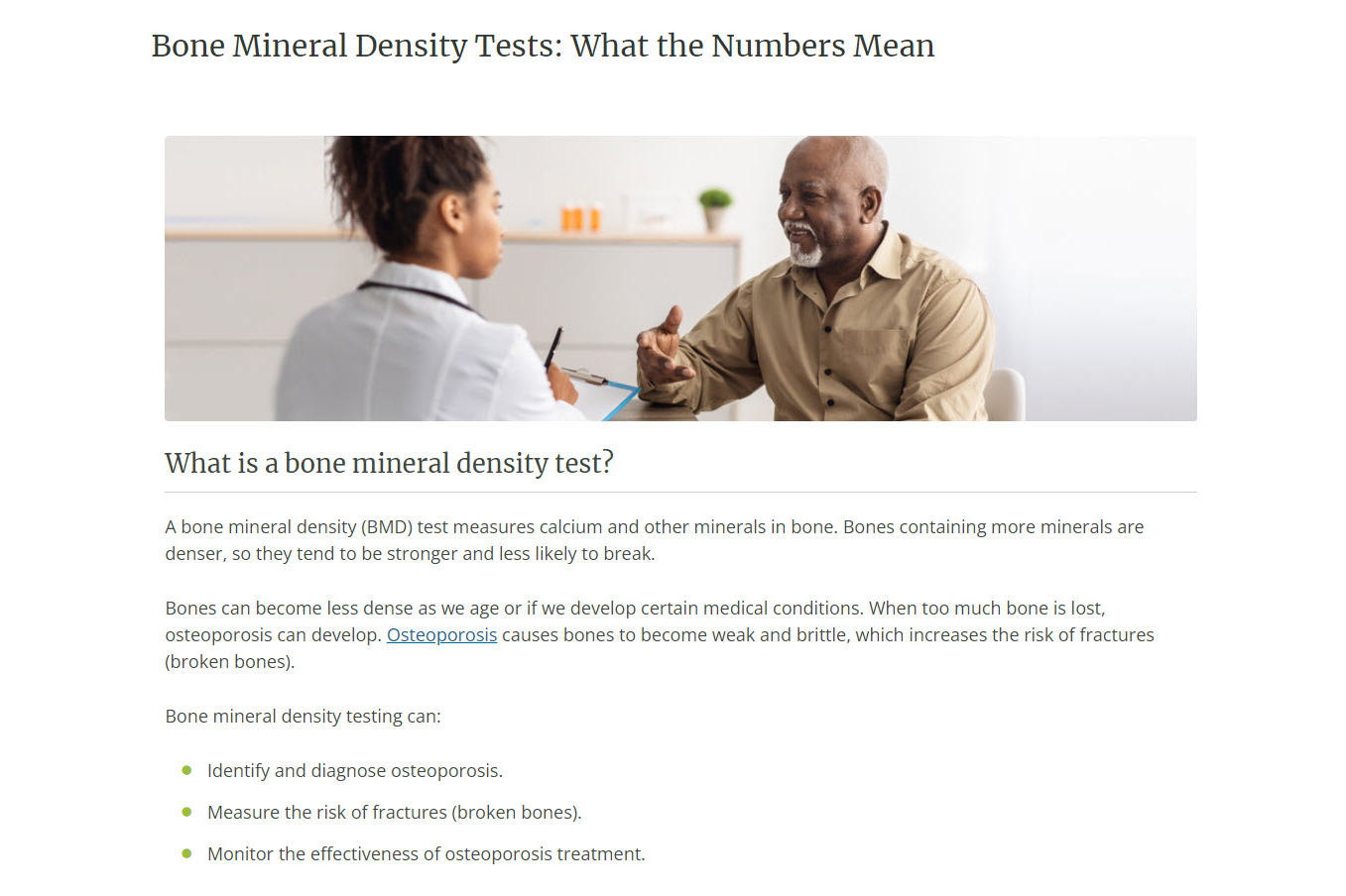 Screenshot of the Bone Mineral Density Test website.