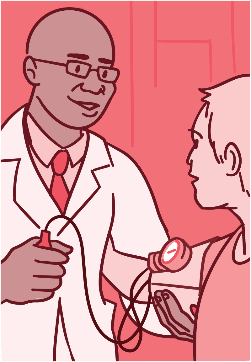 Illustration of a doctor taking a patient’s blood pressure.