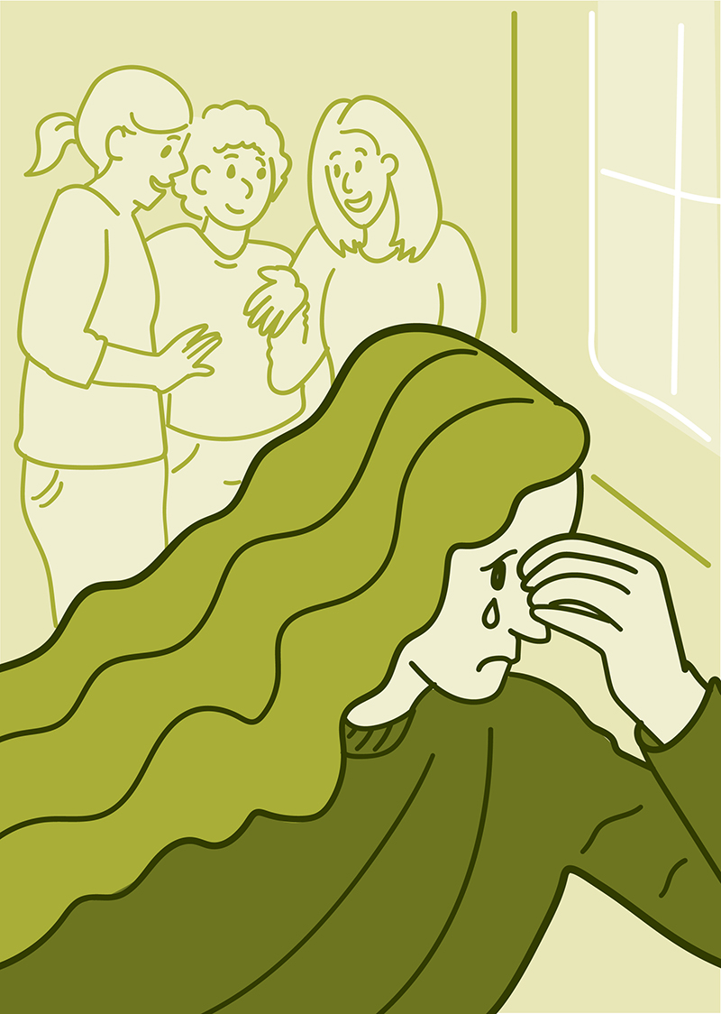 Illustration of a teenage girl crying and walking away from a group of girls Illustration of a teenage girl crying and walking away from a group of girls.