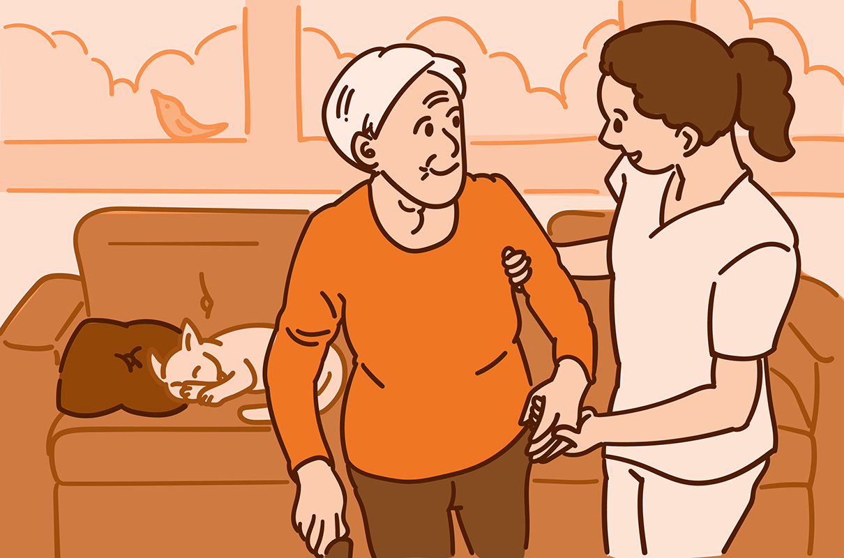 Illustration of a health care worker helping an older adult woman while she walks with a cane Illustration of a health care worker helping an older adult woman while she walks with a cane.