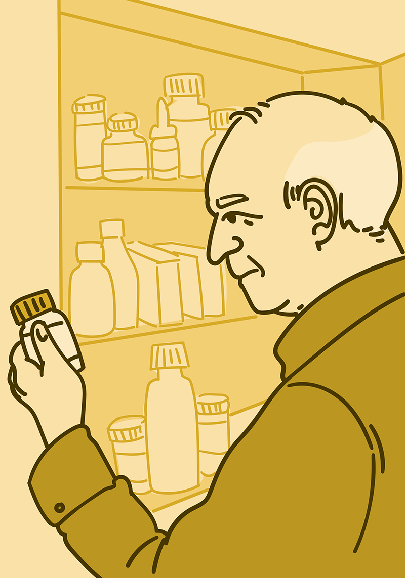 Illustration of an older adult man reading the label on a medicine bottle Illustration of an older adult man reading the label on a medicine bottle.