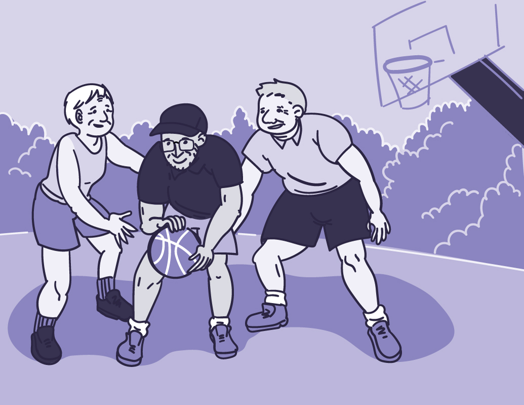 Illustration of three adults playing basketball on an outdoor court.
