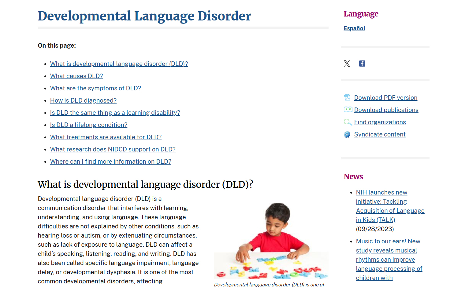 Screenshot of the Developmental Language Disorder website.