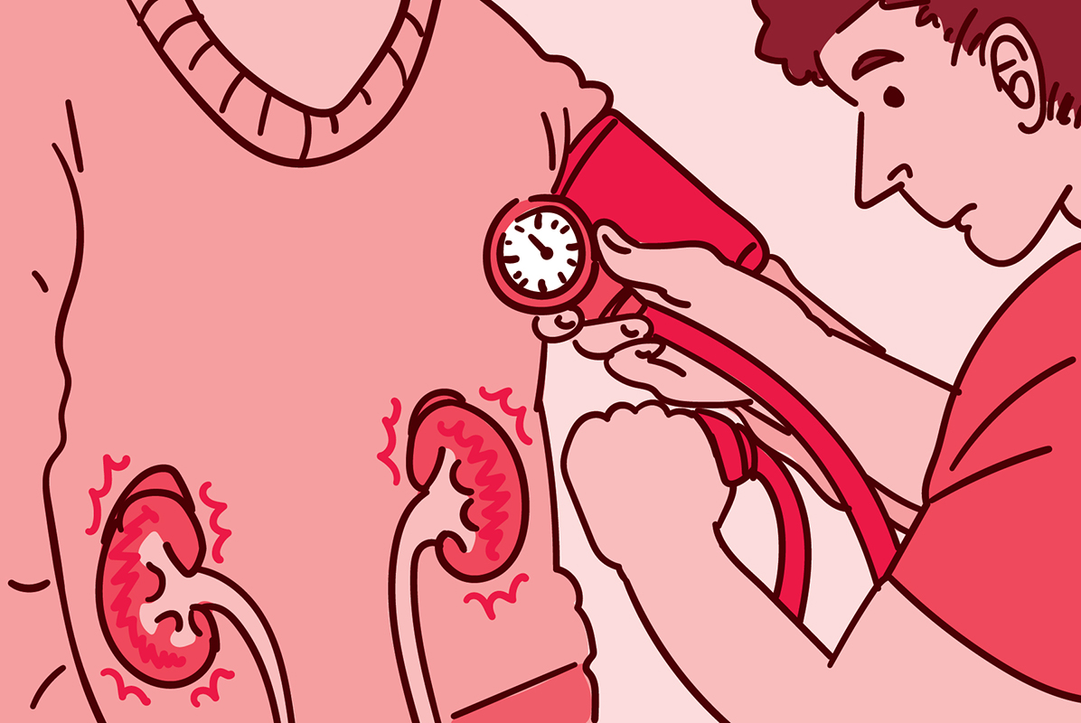 Illustration of a health care provider taking a patient’s blood pressure.