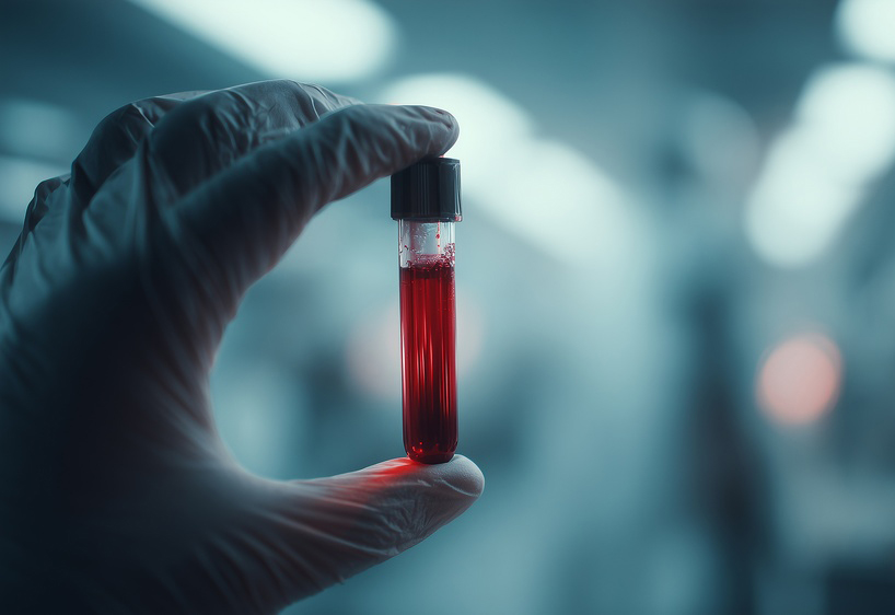 A vial of blood being held up by a gloved hand.