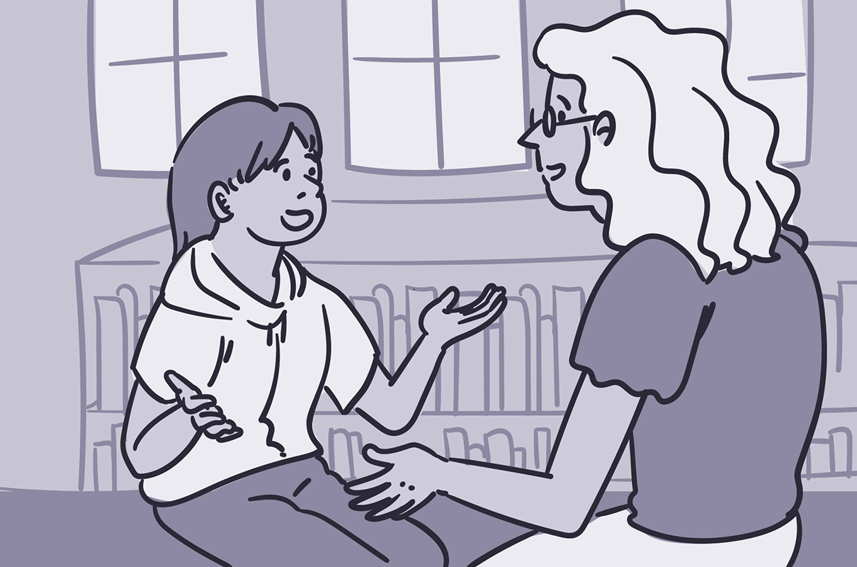 Illustration of a child talking with a speech-language pathologist.