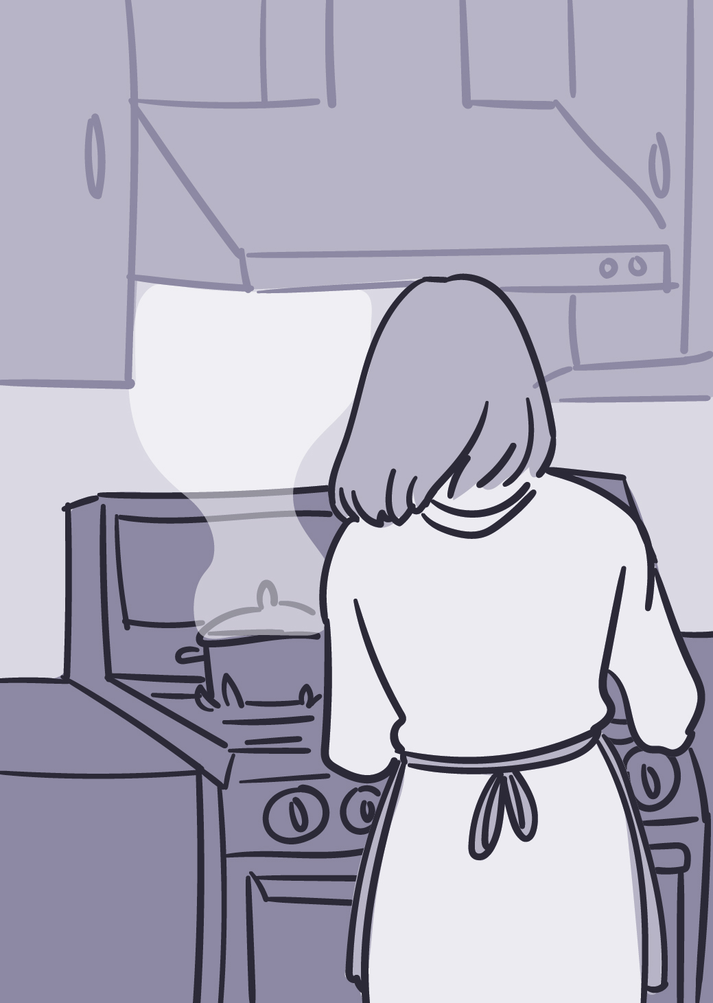 Illustration of a person using a gas stove, showing fumes going into an exhaust fan.