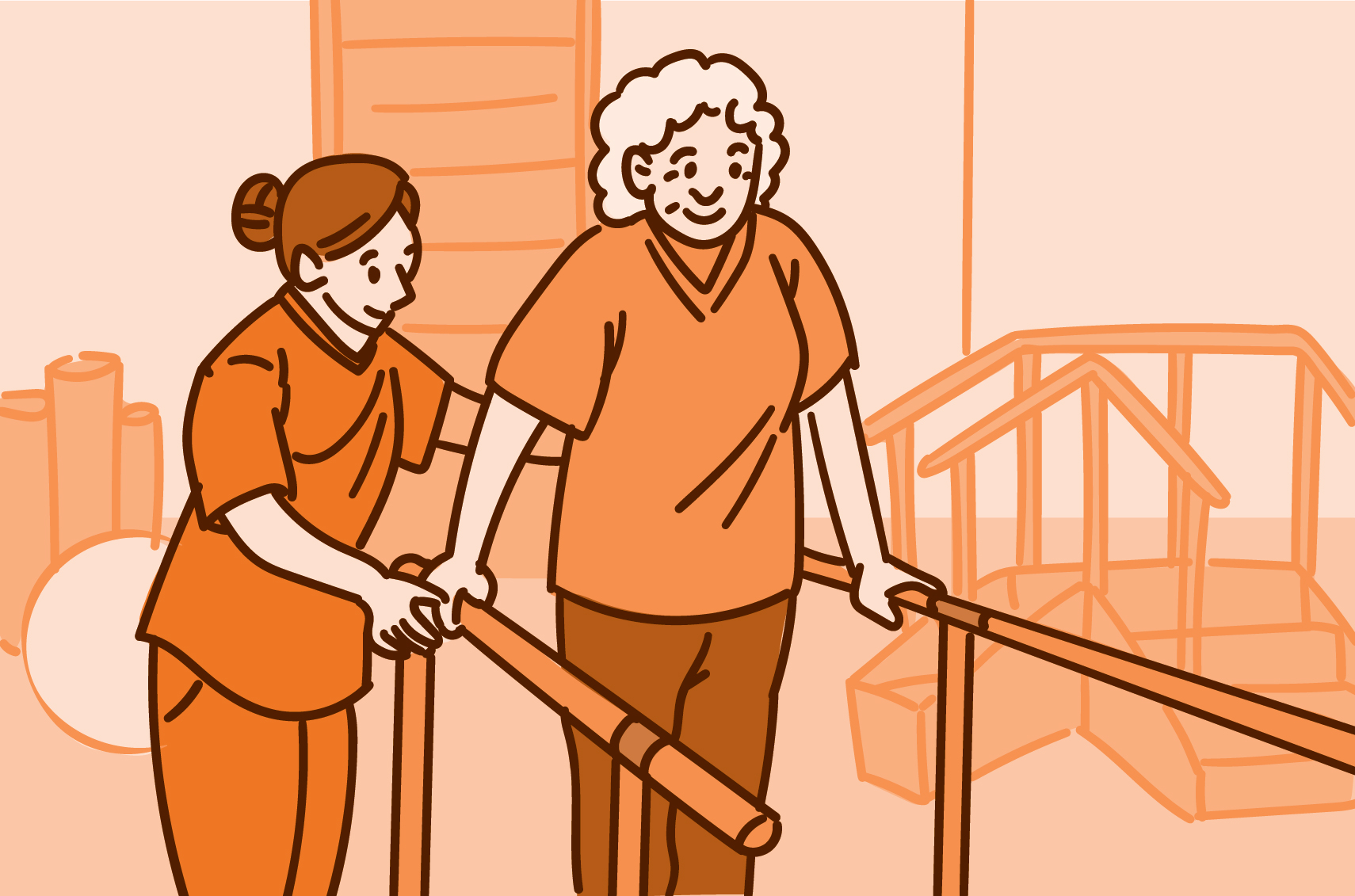 Illustration of a physical therapist helping an older adult walk.