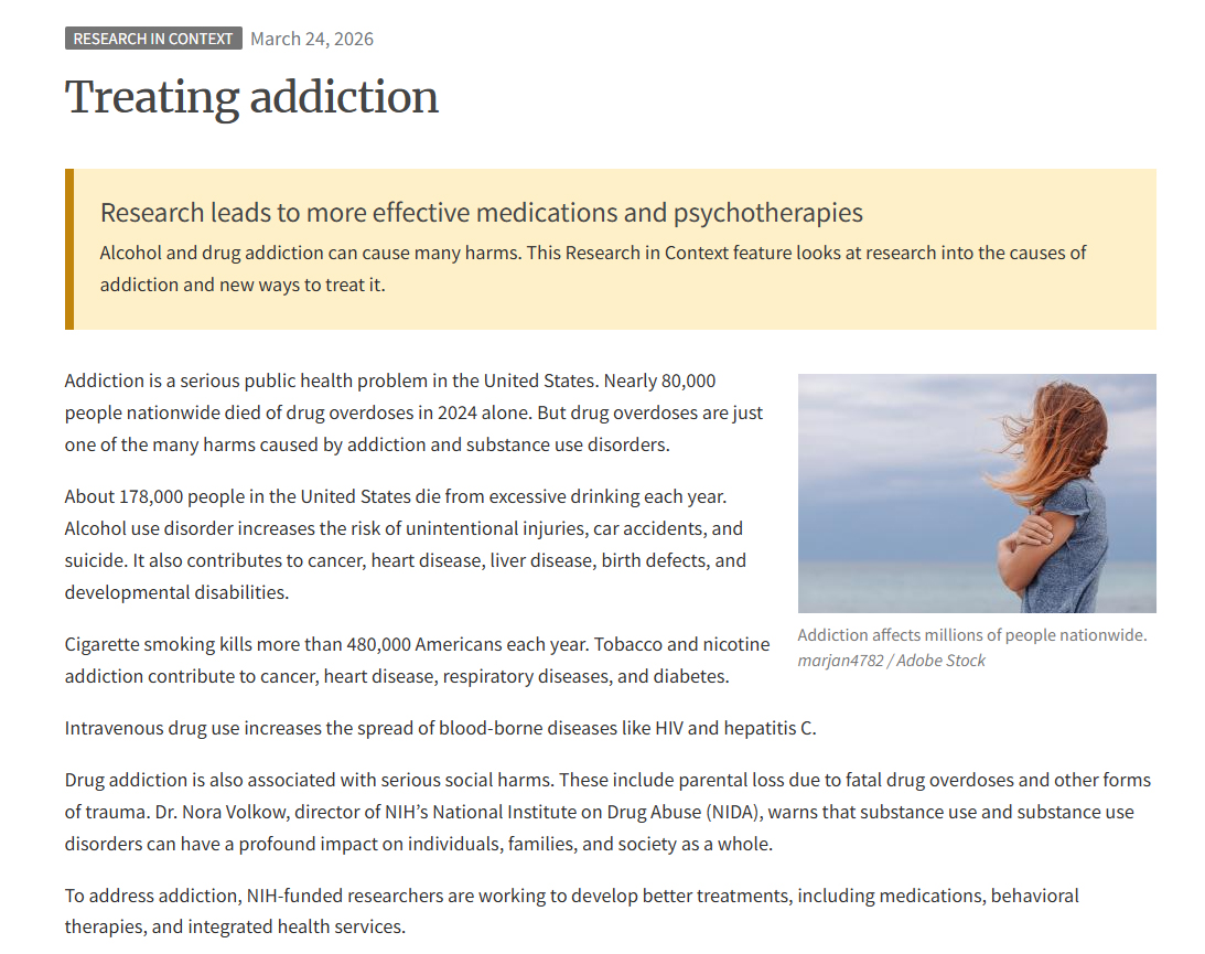Screenshot of the Research in Context Treating Addiction story.