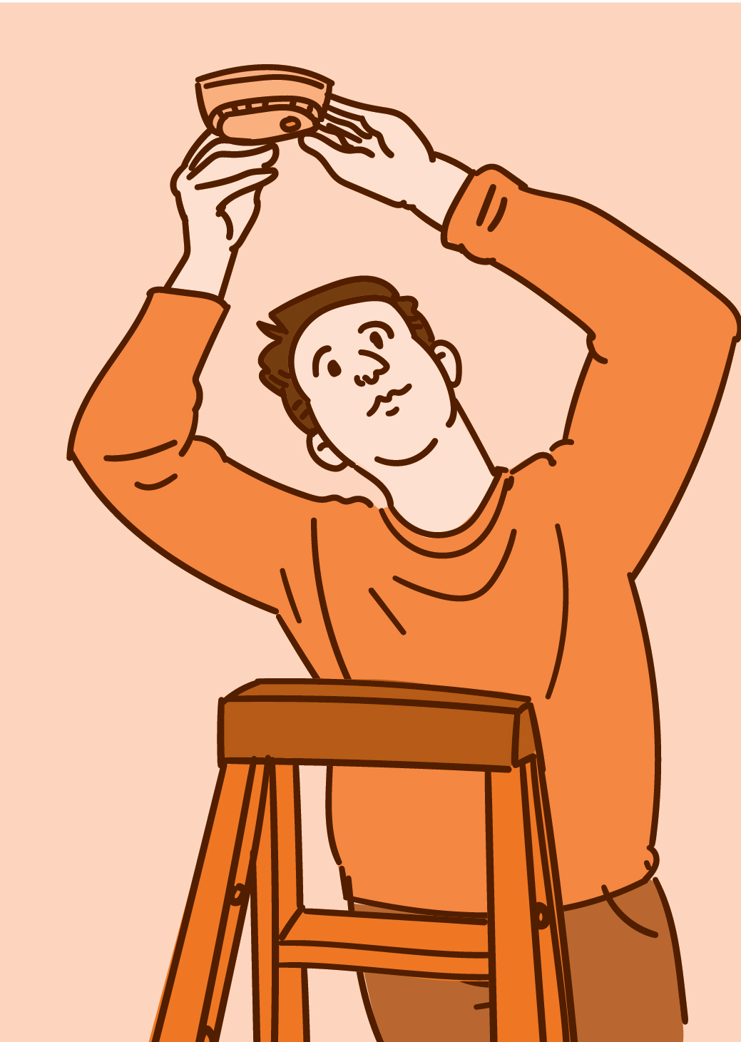 Illustration of person on a ladder changing a smoke detector.