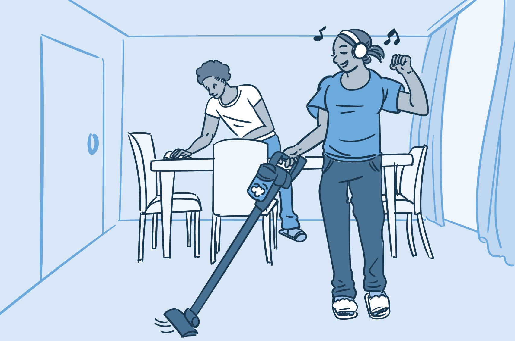 Illustration of a woman vacuuming with headphone on and a man wiping off the table. 