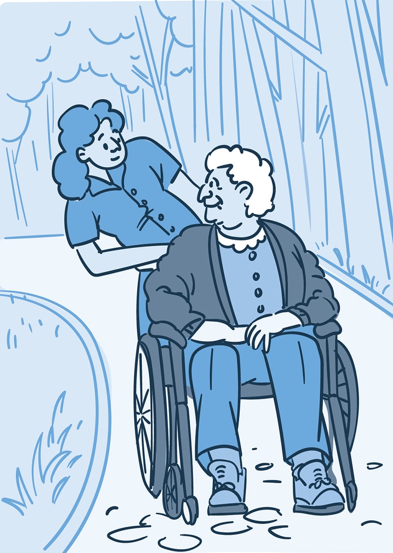 Illustration of person pushing an older adult in a wheelchair outside. 