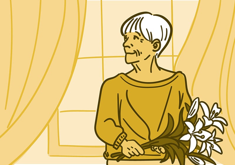 illustration of an older adult woman looking out of a window holding flowers. 