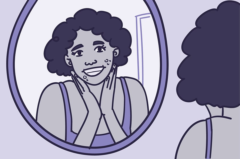 Illustration of a young adult looking in the mirror with acne on her face.
