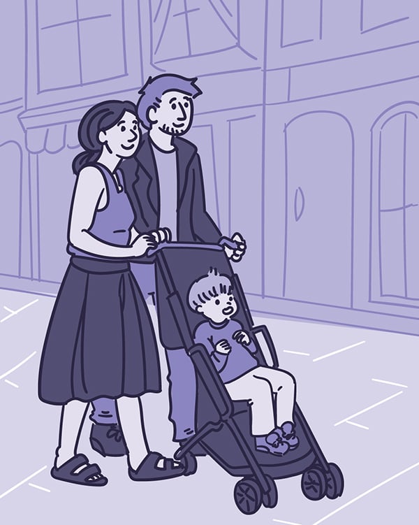 Illustration of a young couple pushing a toddler in a stroller down the sidewalk near shops.
