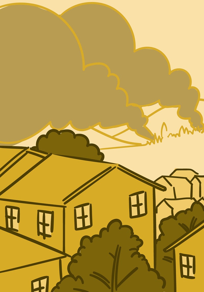 Illustration of a wildfire burning behind houses.