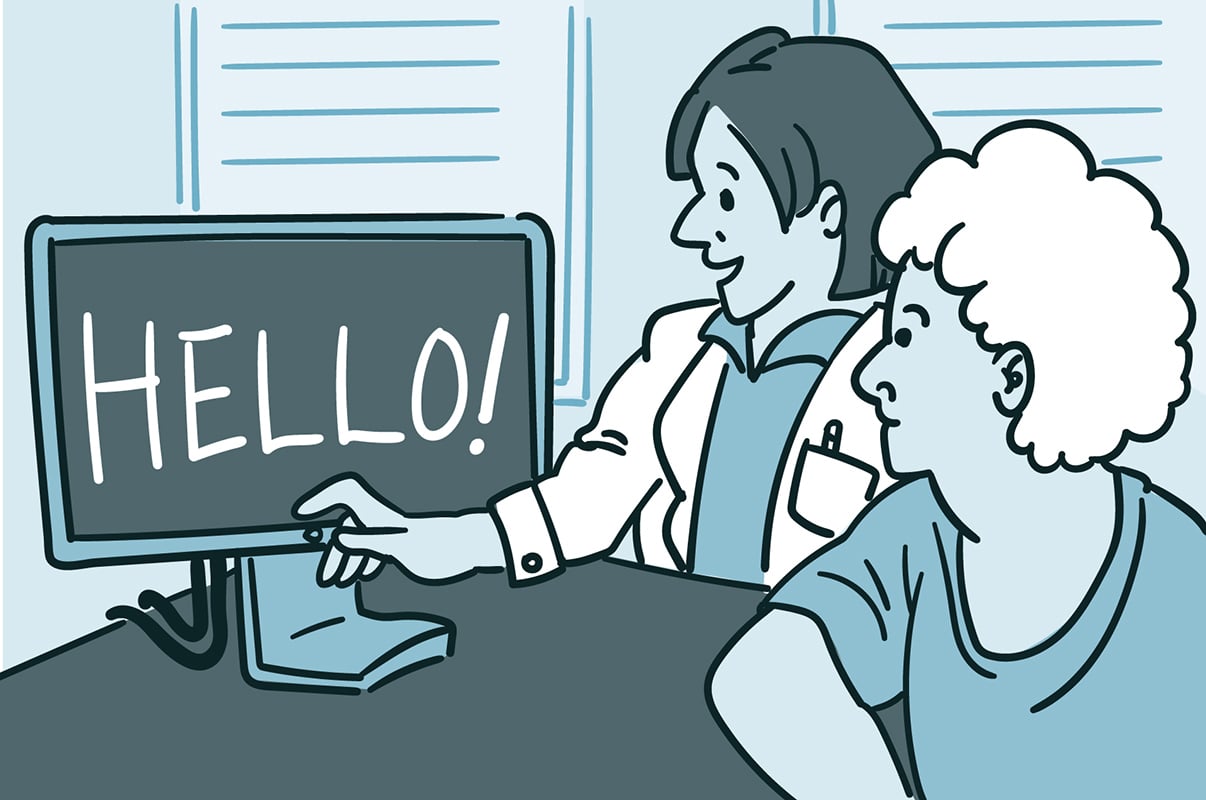 Illustration of a health care provider showing text on a computer screen to an older adult.