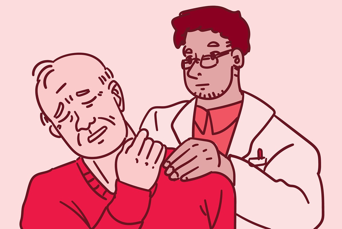 Illustration of a man in pain showing a healthcare provider his neck.