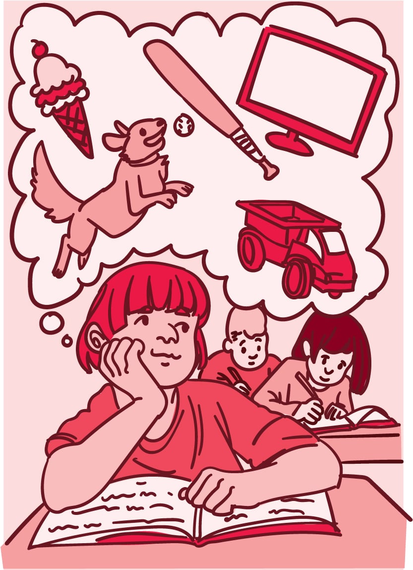 Illustration of a child daydreaming in school while the other kids work at their desks.