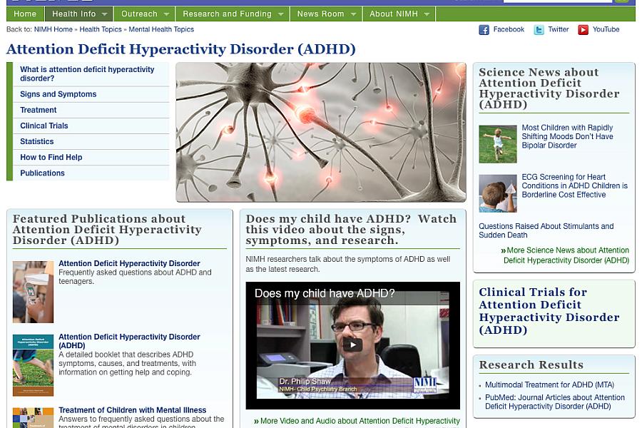 Screen capture of Attention Deficit Hyperactivity Disorder web site.