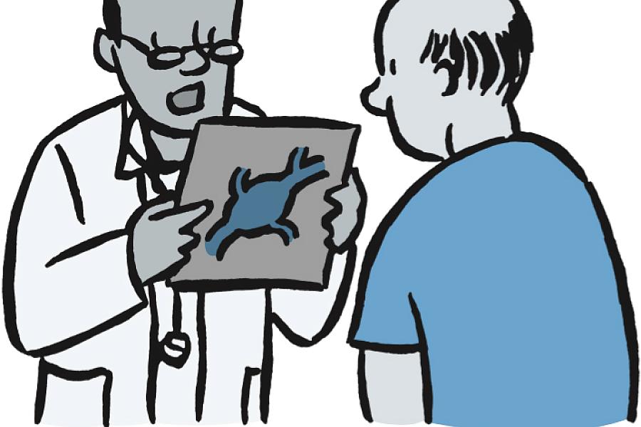 Illustration of doctor showing patient an image of a bulging artery.