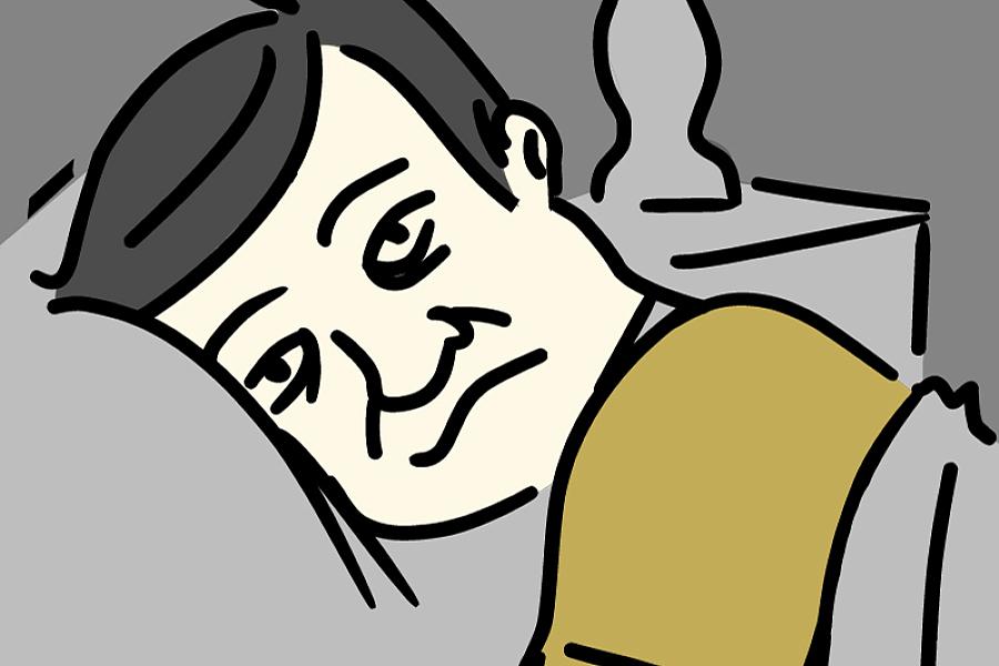 Illustration of a miserable-looking man, head on a pillow, unable to fall asleep.