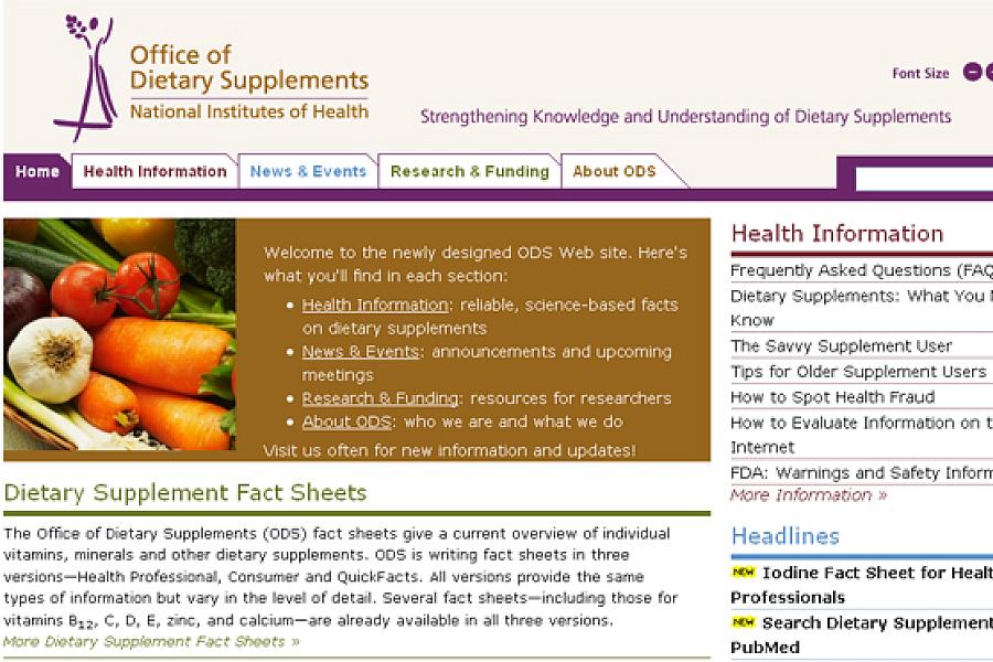 Screen capture of the NIH Office of Dietary Supplements web site.